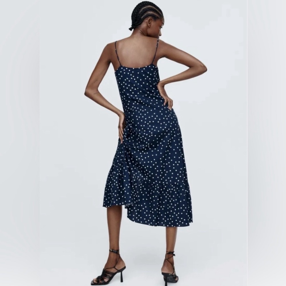 Zara Linen Blend Polka Dot Slip Midi Dress Navy - Picture 3 of 10